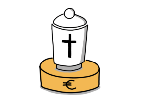 Einfache Zeichnung eines tortenähnlichen orangen Objekts mit Eurozeichen, auf dem eine Urne mit einem Kreuz steht