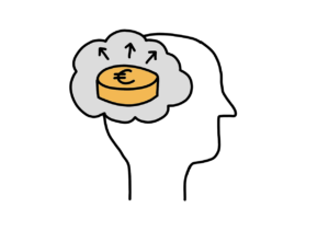 Einfache Zeichnung eines stilisierten Kopfes im Profil, über dem eine graue Wolke liegt, in der sich ein tortenförmiges oranges Objekt mit einem Eurozeichen befindet - darüber drei kleine Pfeile, die nach oben weisen