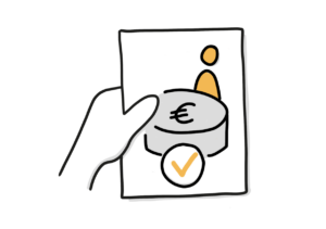 Einfache Zeichnung einer Hand, die ein Blatt hält, auf dem eine orange Strichfigur hinter einem grauen tortenähnlichen Objekt mit Eurozeichen steht, darunter ein oranger Haken in einem Kreis