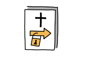 Einfache Zeichnung eines Dokuments mit einem schwarzen Kreuz und einem fetten orangen Pfeil, der nach rechts weist und an dem ein oranges Vorhängeschloss hängt