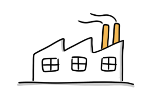 Einfache Zeichnung einer Fabrik mit zwei Schornsteinen