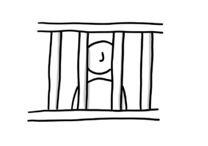 Einfache Zeichnung einer Strichfigur hinter Gitterstäben