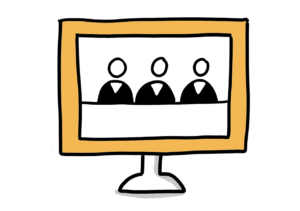 Einfache Zeichnung eines Computerbildschirms, auf dem eine Richterbank mit drei Strichfiguren in Robe zu sehen ist