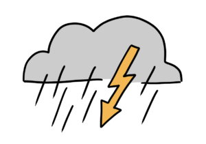 Einfache Zeichnung einer Gewitterwolke mit Blitzpfeil und Regen