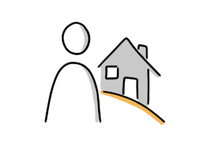 Einfache Zeichnung einer Strichfigur vor einem Einfamilienhaus