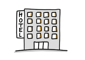 Einfache Zeichnung eines mehrstöckigen Hauses mit einem Schild an der Seite, auf dem Hotel steht