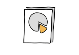 Einfache Zeichnung eines Dokuments, auf dem ein graues Tortendiagramm zu sehen ist, aus dem eine orange Ecke ausgeschnitten ist