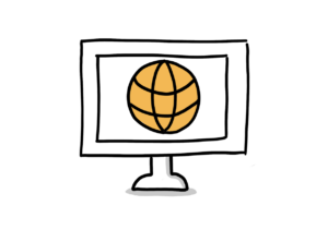 Einfache Zeichnung eines Computerbildschirms mit einer orangen Weltkugel