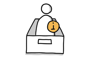Einfache Zeichnung einer Schublade, in der eine Strichfigur steht, die mit einem i markiert ist