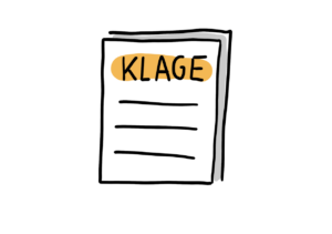 Einfache Zeichnung eines Dokuments mit der Aufschrift Klage und drei Linien