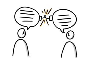 Einfache Zeichnung zweier Personen, die miteinander sprechen. Ihre mit Linien gefüllten Sprechblasen haben beide Zündschnüre, die miteinander in Kontakt kommen und Funken erzeugen