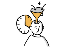 Einfache Zeichnung einer wenig erfreut schauenden Person, in deren Kopf ein Trichter streckt, der gefüllt wird; hinter der Person eine Uhr, in der ein Zeitraum von 20 Minuten orange markiert ist