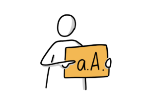 Einfache Zeichnung einer Person, die ein oranges Schild hält, auf dem a. A. zu lesen ist; mit der einen Hand zeigt die Person auf das Schild
