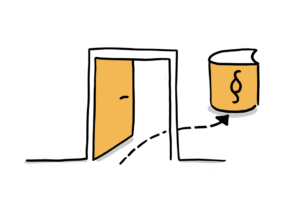 Einfache Zeichnung einer geöffneten Tür in einem Türrahmen; durch die hindurch ein gestrichelter Pfeil zu einem orangen Buch mit Paragrafenzeichen weist