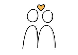 Einfache Zeichnung zweier eng zusammenstehender Strichfiguren, zwischen deren Köpfen ein oranges Herz platziert ist