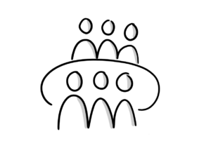 Einfache Zeichnung von Strichfiguren die sich in zwei Dreiergruppen an einem runden Tisch gegenübersitzen