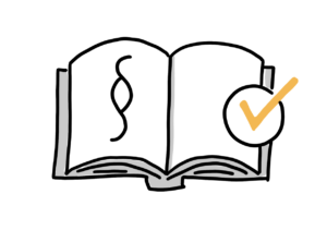 Einfache Zeichnung eines aufgeschlagenen Buches mit einem Paragrafenzeichen, das mit einem orangen Häkchen in einem Kreis markiert ist