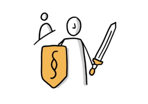 Einfache Zeichnung einer Strichfigur, die in er einen Hand ein Schwert trägt und in der anderen ein oranges Schutzschild mit Paragrafenzeichen; im Hintergrund ist eine weitere Person angedeutet