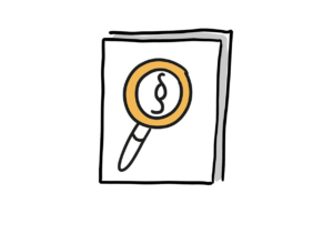 Einfache Zeichnung eines Dokumentes, auf dem sich eine Lupe befindet, die über einem Paragrafenzeichen liegt