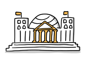 Einfache Zeichnung eines burgähnlichen Gebäudes mit zwei quadratischen Türmen an den Seiten, einer großen Kuppel in der Mitte, einem Eingangsbereich in der Optik eines Tempels und Stufen, die zum Eingang hinaufführen