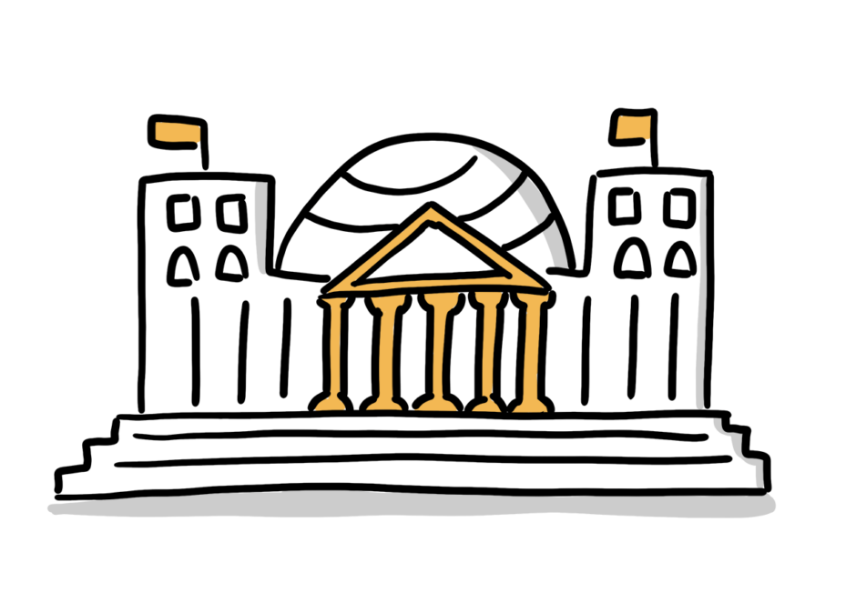 Einfache Zeichnung eines burgähnlichen Gebäudes mit zwei quadratischen Türmen an den Seiten, einer großen Kuppel in der Mitte, einem Eingangsbereich in der Optik eines Tempels und Stufen, die zum Eingang hinaufführen