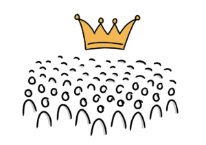 Einfache Zeichnung einer Menschenmenge, über der eine orange Krone platziert ist