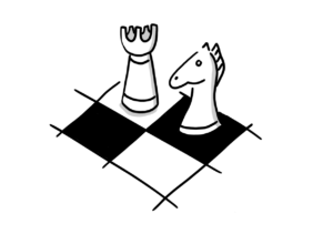 Einfache Zeichnung eines Schachfeldes mit vier Feldern, auf denen zwei Schachfiguren stehen: ein Turm und ein Pferd