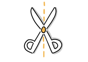 Einfache Zeichnung einer geöffneten Schere, die über einer senkrechten orangen Strichlinie liegt