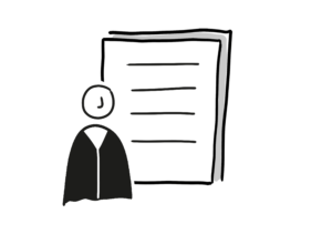 Einfache Zeichnung eines Dokumentes mit Linien, vor dem eine Strichfigur in schwarzer Robe steht
