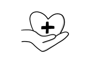 Einfache Zeichnung einer Hand, die ein großes Herz mit einem Kreuz hält