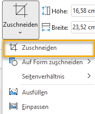 Screenshot PowerPoint: Menü bei Zuschneiden auf der Registerkarte Bildformat; markiert ist der Menüpunkt Zuschneiden