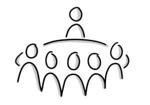 Einfache Zeichnung von fünf Strichfiguren an einem runden Tisch, die dem Betrachter den Rücken zukehren; ihnen gegenüber befindet sich eine einzelne Strichfigur
