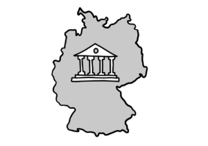Einfache Zeichnung einer Deutschlandkarte, auf der ein Tempel platziert ist