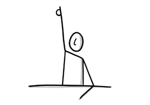 Einfache Zeichnung einer sitzenden Person, die einen Arm inklusive Zeigefinger nach oben streckt, während der andere Arm auf dem Tisch liegt