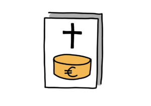 Einfache Zeichnung eines Dokuments mit einem tortenähnlichen orangen Objekt mit Eurozeichen und einem schwarzen Kreuz