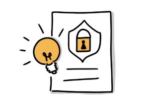 Einfache Zeichnung einer leuchtenden Glühbirne vor einem Dokument, auf dem neben zwei Linien ein Schutzschild mit orangem Vorhängeschloss platziert ist