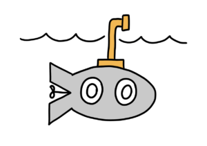 Einfache Zeichnung eines grauen U-Bootes mit zwei Bullaugen und einem orangen Periskop unter einer Wellenlinie