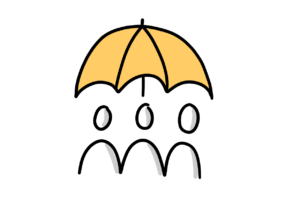 Einfache Zeichnung dreier Strichfiguren unter einem orangen Schirm