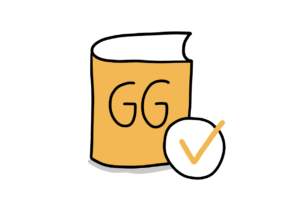 Einfache Zeichnung eines orangen Buches mit der Aufschrift GG, das mit einem Häkchen in einem Kreis versehen ist