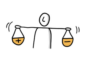 Einfache Zeichnung einer Figur, die mit den ausgestreckten Armen zwei orange Waagschalen hält; auf der einen befindet sich ein Plus- und auf der anderen ein Minuszeichen