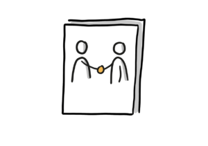 Einfache Zeichnung eines Dokuments, auf dem sich zwei Figuren die Hand reichen