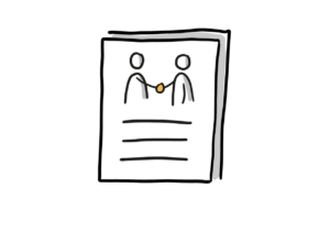 Einfache Zeichnung eines Dokuments, auf dem sich zwei Figuren die Hand reichen, darunter drei Linien