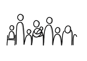 Einfache Zeichnung mehrerer nebeneinanderstehender Figuren in unterschiedlichen Größen, eine mit Stock, eine im Rollstuhl, eine mit Baby auf dem auf dem Arm