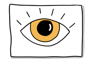 Einfache Zeichnung eines Auges mit oranger Iris auf einem Rechteck