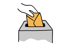 Einfache Zeichnung einer Hand, die einen orangen Briefumschlag in eine Wahlurne steckt