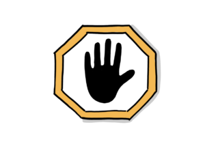 Einfache Zeichnung eines achteckigen Schildes mit orangem Rand, in dem sich eine geöffnete schwarze Hand befindet