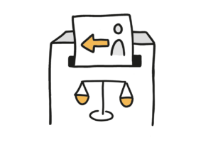 Einfache Zeichnung eines Briefkastens mit einer Waage, in dessen Schlitz ein Blatt steckt, auf dem ein dicker oranger Pfeil von einer rechts abgebildeten Figur nach links zeigt