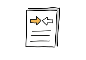 Einfache Zeichnung eines Dokuments, auf dem zwei dicke Pfeile gegeneinander gerichtet sind; der linke Pfeil ist orange; darunter befinden sich ein paar Linien