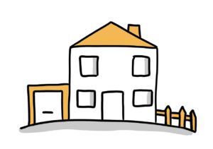 Einfache Zeichnung eines Wohnhaus mit Garage und Gartenzaun