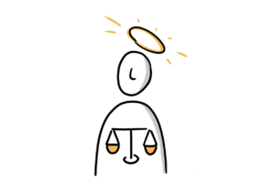 Einfache Zeichnung einer Strichfigur, in deren Körper sich eine Waage befindet und über deren Kopf ein Heiligenschein leuchtet